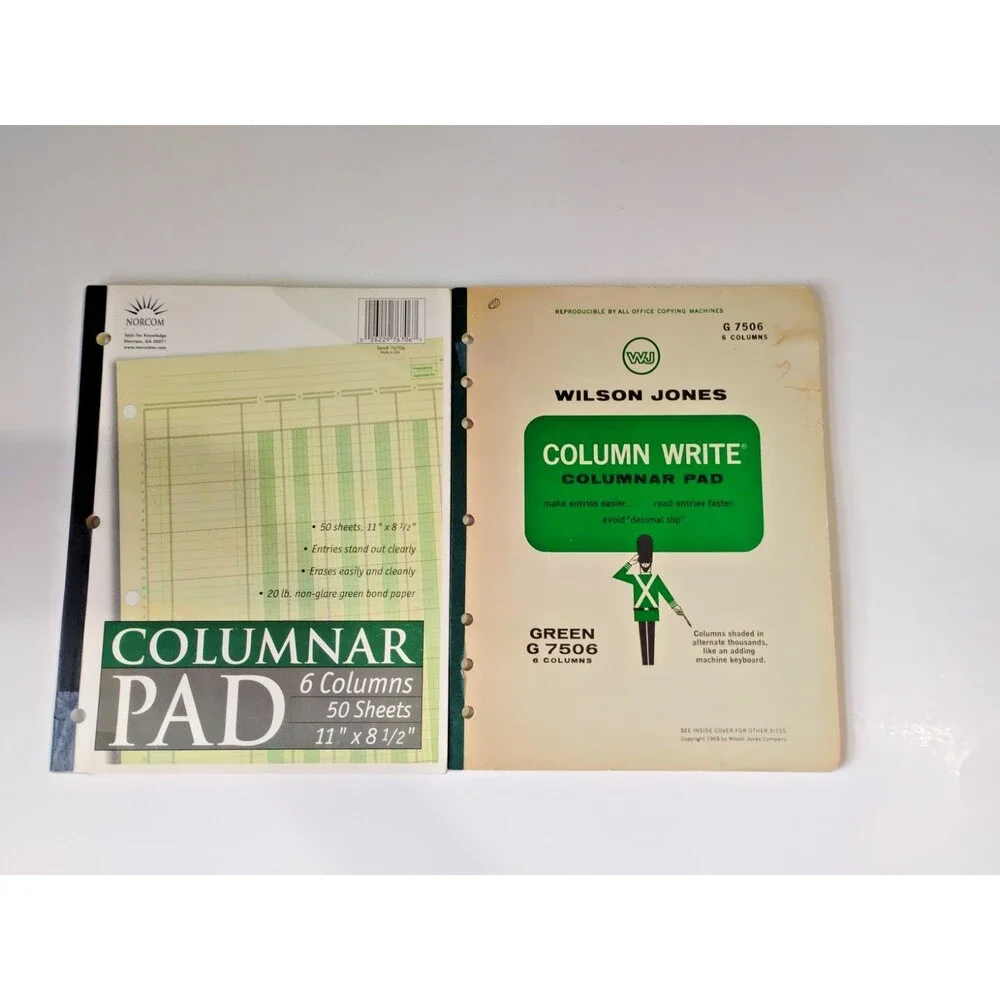 Set of 2 vintage accounting ledgers, both 6-column, 50 pages, green  New